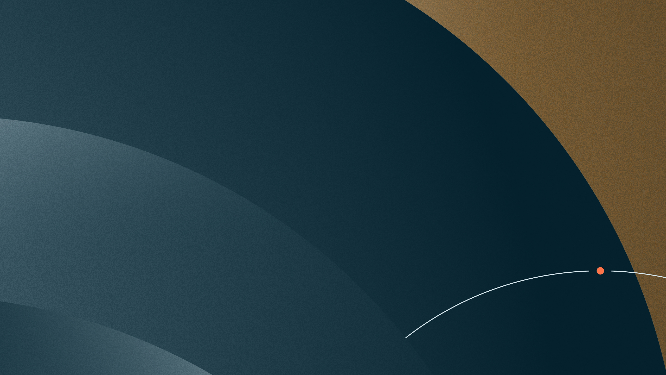 Image abstraite représentant des formes courbes qui se chevauchent dans des tons bleu foncé et marron, avec un mince arc blanc et un petit point orange dans le coin inférieur droit, créant un design minimaliste et moderne.